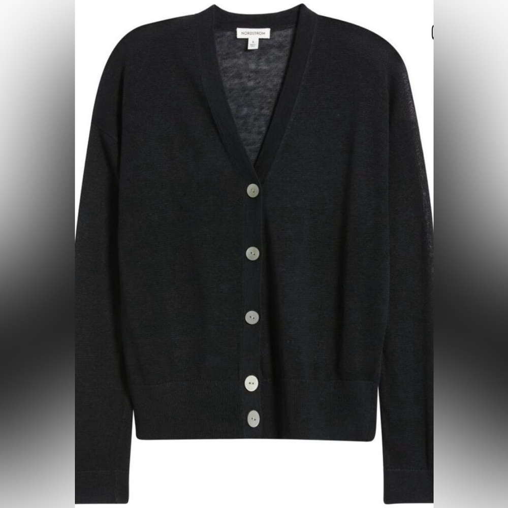 Nordstrom Linen Blend Semi Sheer Lightweight Button Front Cardigan Black Sz Lg